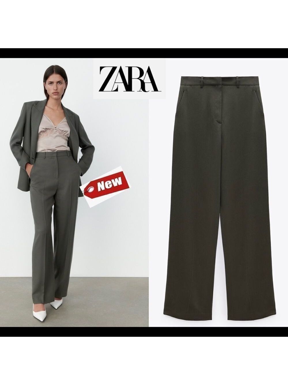 Zara khaki green high waisted menswear pants Sz L NWT
